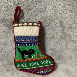 Vintage Needlepoint Christmas Stocking Ornament Black Cat Noel Green Corduroy 6"